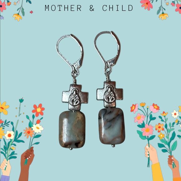 Silver Mother and Child Earrings Blue Opal Jasper Silver Filled Leverbacks - Picture 1 of 11